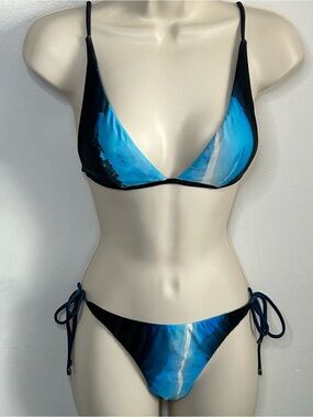 Blue Tie-Side Triangle Bikini with Ocean Print